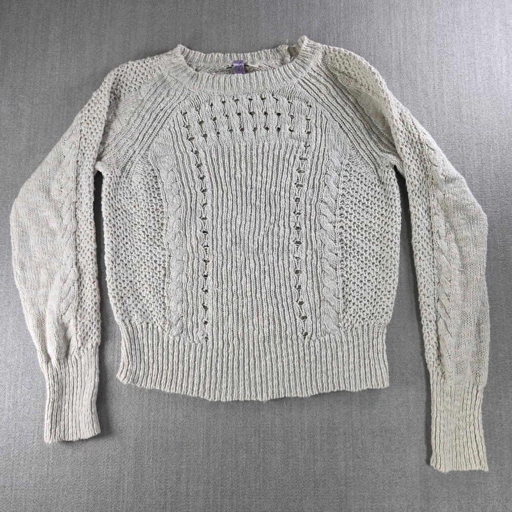 Alya Sweater Womens Medium Cream Cable Knit Pointelle Cotton Blend Pullover